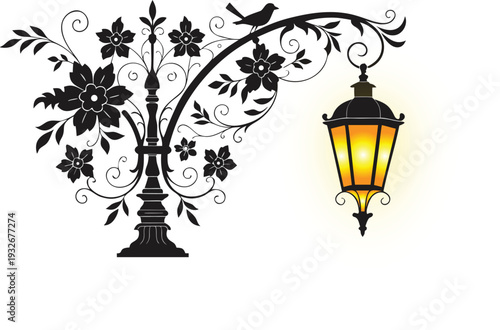 Vintage iron street lamp with floral ornament glowing softly against the night sky in an old town setting
