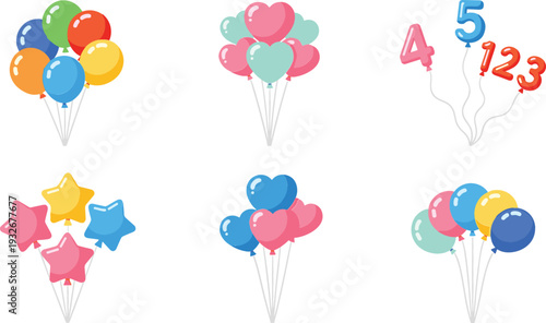 Colorful party balloon vector illustration set with heart, star, and number balloons for birthday celebrations, kids events, and festive decorations