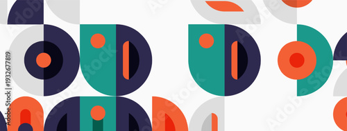 Abstract geometric pattern. Circles, semicircles, rectangles overlap creating colorful design. Modern style, simple shapes, flat illustration.