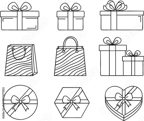 Gift box and shopping bag line art vector set with ribbon bows, different package shapes, and present icons for holidays, celebrations, packaging, and design projects