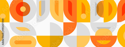 Abstract geometric pattern. Orange, gray, yellow shapes repeat creating midcentury modern aesthetic. Minimalist design, clean lines.