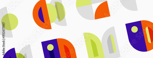 Abstract geometric shapes repeat. Colors include purple, orange, green, gray. Pattern feels playful, modern, minimalist.
