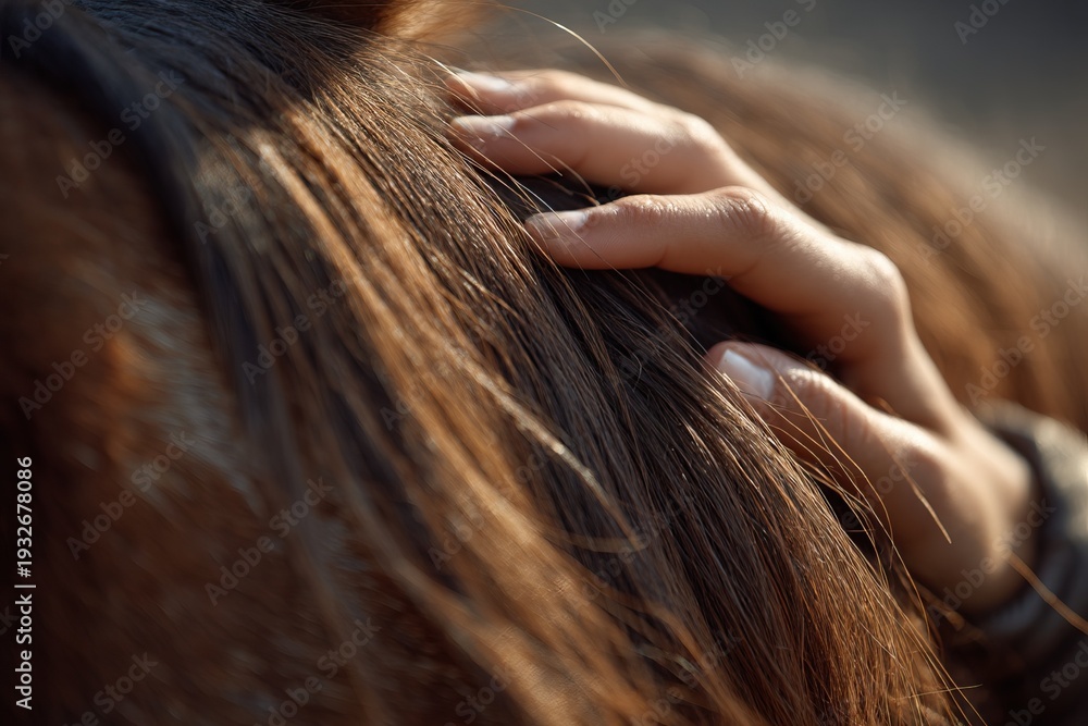 Fototapeta premium Close-up of a hand gently stroking the mane of a brown horse, showcasing the texture of the hair and the person's fingers