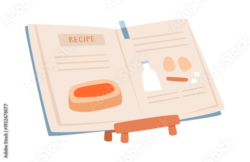Open Recipe Book with Ingredients. Cookbook illustration with recipe and cooking tools. Cozy home cooking concept for kitchen decor and culinary tutorials.