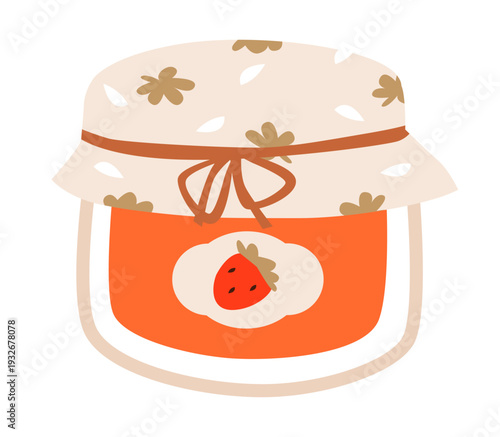 Strawberry Jam Jar with Fabric Lid. Organic fruit preserve concept ideal for food packaging and gourmet branding. Flat vector illustration.
