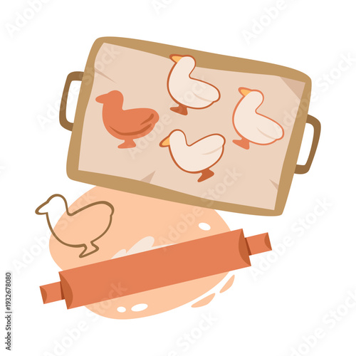 Goose Cookies on Baking Tray. Homemade cookie baking with pastry cutter. Cozy kitchen baking process with dough, tools, and rustic comfort food mood.