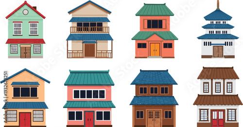 Colorful cartoon house building vector set with different home styles, facades, and residential architecture designs for real estate, games, and city illustrations