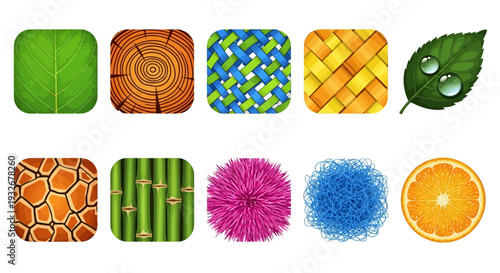 Collection of various textured icons representing nature and food items displayed in a grid