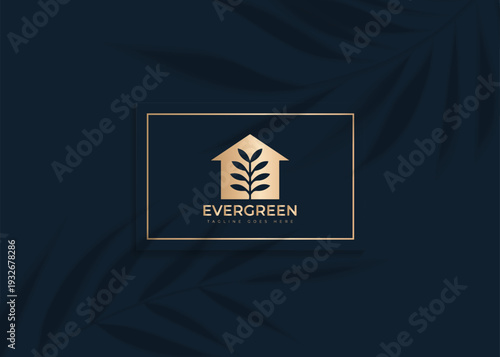 Elegant golden house logo with plant motif, symbolizing growth and sustainability.