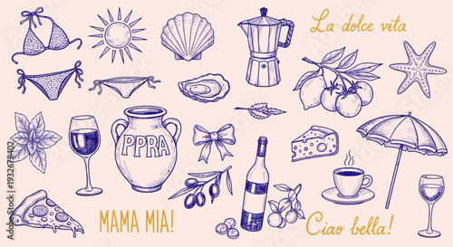 Illustrated icons representing Italian lifestyle and vacation with food, drinks, and leisure activities