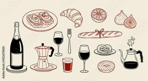 Assorted beverages, food items, and tableware displayed together on a table setting for a casual dining experience.