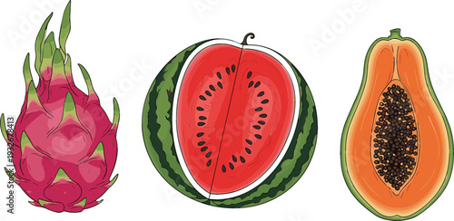 Tropical fruit cartoon vector illustration set with dragon fruit, watermelon slice, and papaya half for healthy food, nutrition, packaging, and organic design projects