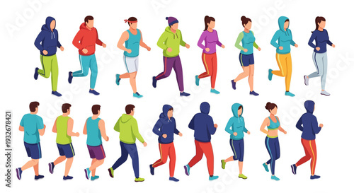 Group of people running together in a vibrant jogging scene from a straightforward viewpoint