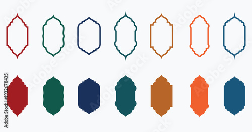 Traditional islamic arch set with black mosque door silhouettes and window frames for middle eastern design motif