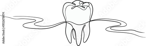 Dental health concept with tooth and floss in a minimalist line art style on white background
