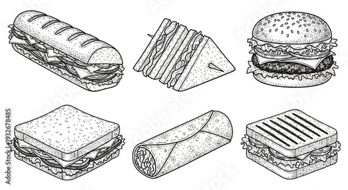 Assorted food illustrations including sandwiches, wraps, and burgers on a clean white background from a straightforward viewpoint