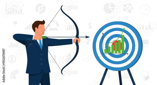 Businessman aiming bow and arrow at target with business graphs in a modern illustration