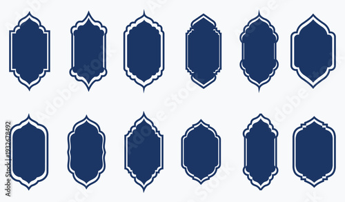 Islamic arch window frames set, pastel mihrab shapes, mosque niche silhouettes, decorative vector templates for Ramadan Eid design. 