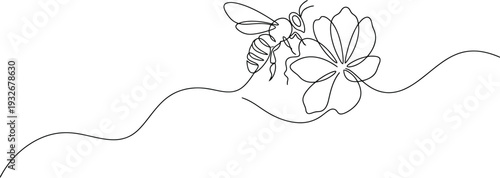 Bee flying towards flower on wavy line drawing with minimalist style and white background