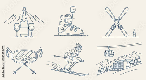 Skiing and Skating Elements Illustrated in Various Winter Scenes