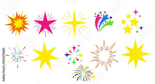 A vibrant collection of colorful star illustrations and fireworks displayed in a festive arrangement