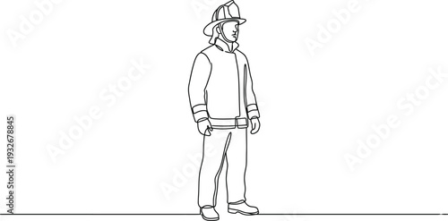 Firefighter standing alone in a continuous line drawing style with a confident mood and a simple white background