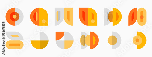 Abstract geometric shapes, mostly circular, orange, brown, beige tones. Minimalist design, flat illustration, repeating patterns, simple forms.