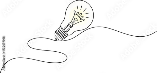A creative light bulb idea with glowing filament and wavy cord on white background for innovation concept