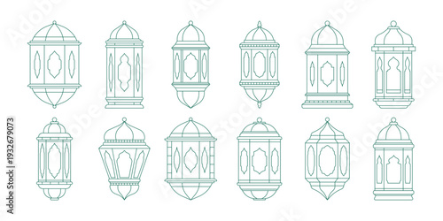 Collection set of decorative lantern illustrations with unique shapes and patterns, ideal for Ramadan and Eid greeting cards, banners, and festive designs