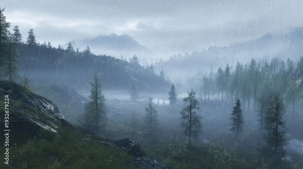 Fototapeta premium Misty mountain valley drenched in rain. Lush green landscape under a cloudy sky