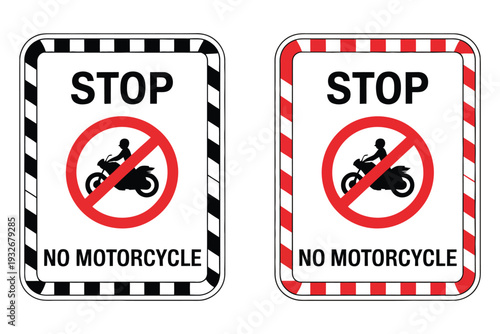 No motorcycle icon vector, minimal vector design of motorbike prohibition sign, clean illustration for road safety, restricted vehicle areas, and traffic warning
