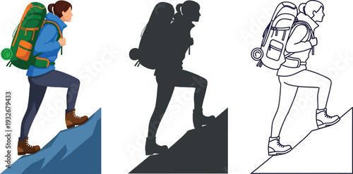 Set of woman hiker character illustrations in flat color, silhouette, and line art styles climbing a mountain slope, perfect for outdoor adventure, trekking, and travel design projects