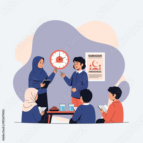 People gathered around a table discussing and presenting a large clock in a meeting room with a Ramadan announcement on the wall