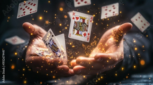 Hands levitating playing cards in a magical display