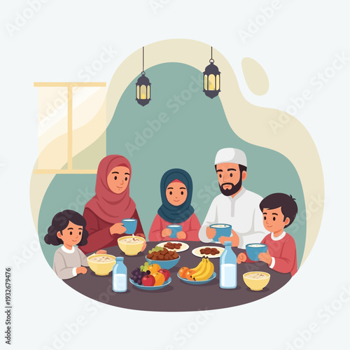 Family Gathering for Meal Celebration with Traditional Clothing and Cuisine