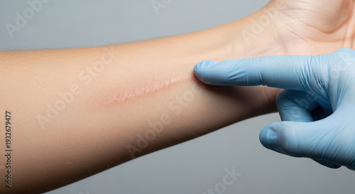 Medical professional examining a surgical scar on a patient's arm  