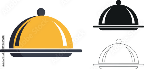 Food Cloche and Serving Tray Icon Set in Flat Silhouette and Line Art Styles for Restaurant Menu Catering and Luxury Dining Design