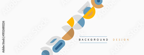 Abstract geometric shapes overlap, creating dynamic visual texture. Minimalist design features muted colors, simple lines. Background elements suggest modern aesthetic.