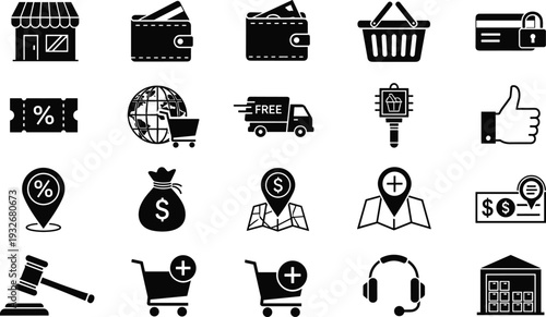Online Shopping and Digital Payment Black Glyph Icons Collection Isolated on White Background for Ecommerce, Retail Business, and Financial Services Design