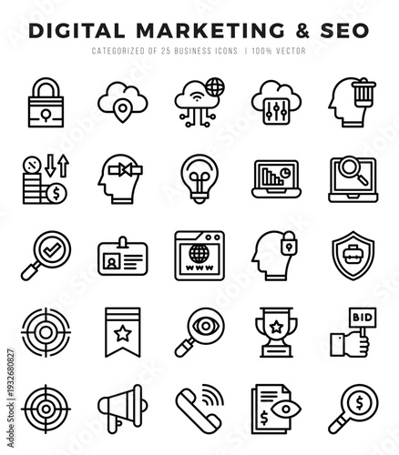 Simple Set of Digital Marketing & SEO Related Vector Lineal Icons.