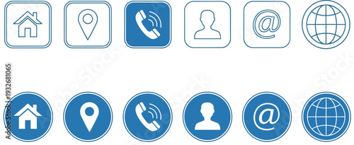 Blue Contact and Communication Icons Collection with Solid and Outline Styles Isolated on White Background for Web and Mobile UI Design