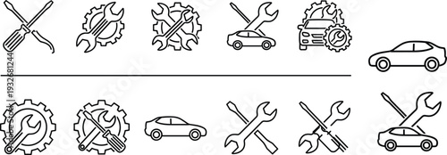Car Repair and Auto Service Icons Set, Wrench Gear and Vehicle Maintenance Line Vector Illustration Isolated on White Background