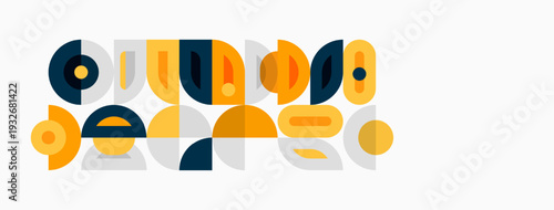 Abstract geometric shapes overlap, creating midcentury modern aesthetic. Colors include orange, teal, gold, navy. Design feels playful, balanced.