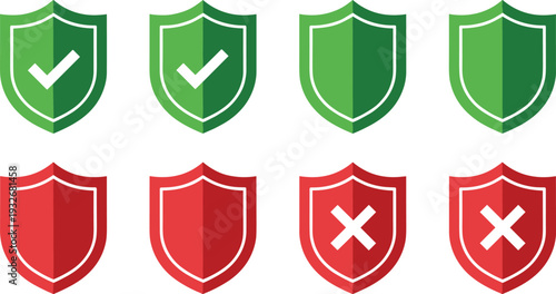 Security Shield Icons with Check Mark and Cross Symbols in Green and Red Isolated on White Background