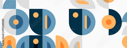 Abstract faces, geometric shapes, muted colors create playful pattern. Simple forms suggest stylized human figures.