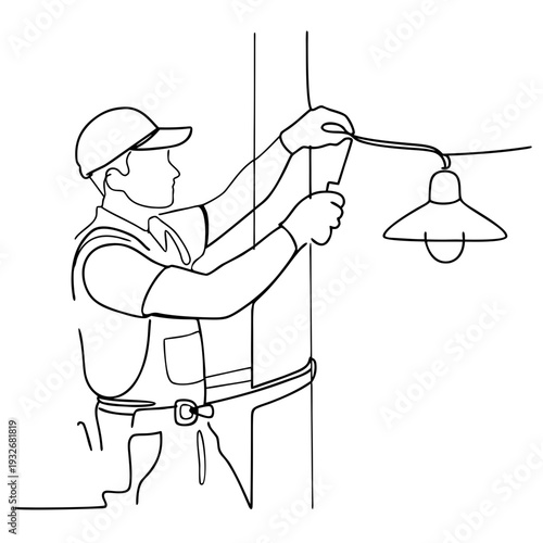 An electrician is a professional who concentrates and safely installs street lighting on a pole, line graphics in a minimalist style, for a housing and communal services website or a construction comp