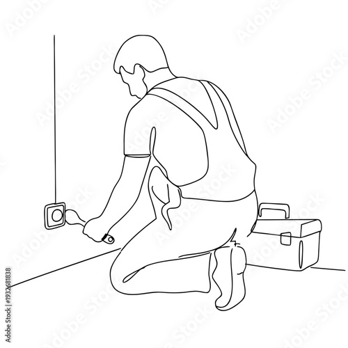 A focused electrician at an outlet with tools, a symbol of professionalism and safety, a detailed illustration for training materials and advertising services, linear style