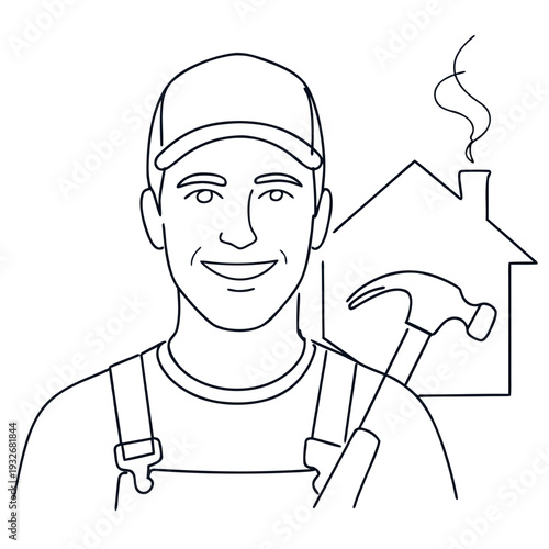 A good-natured master builder with an optimistic smile holds a hammer against the background of the outline of an apartment building, minimalistic black-and-white linear drawing