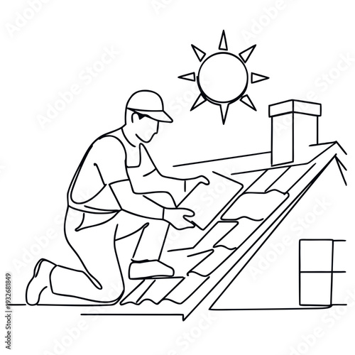 Craftsman on the roof on a bright sunny day, energetic mood, renovation and care of the house, cartoon style, background for construction themes, Builder's Day