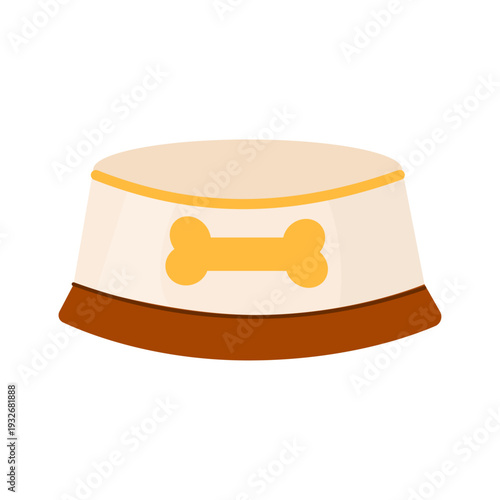Dog food bowl with bone in flat vector style. Pet feeding dish isolated on white background. Accessory for domestic dog care, nutrition and daily feeding routine.